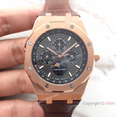 Audemars Piguet Royal Oak Perpetual Calendar Replica Watch - Rose Gold Brown Leather Strap